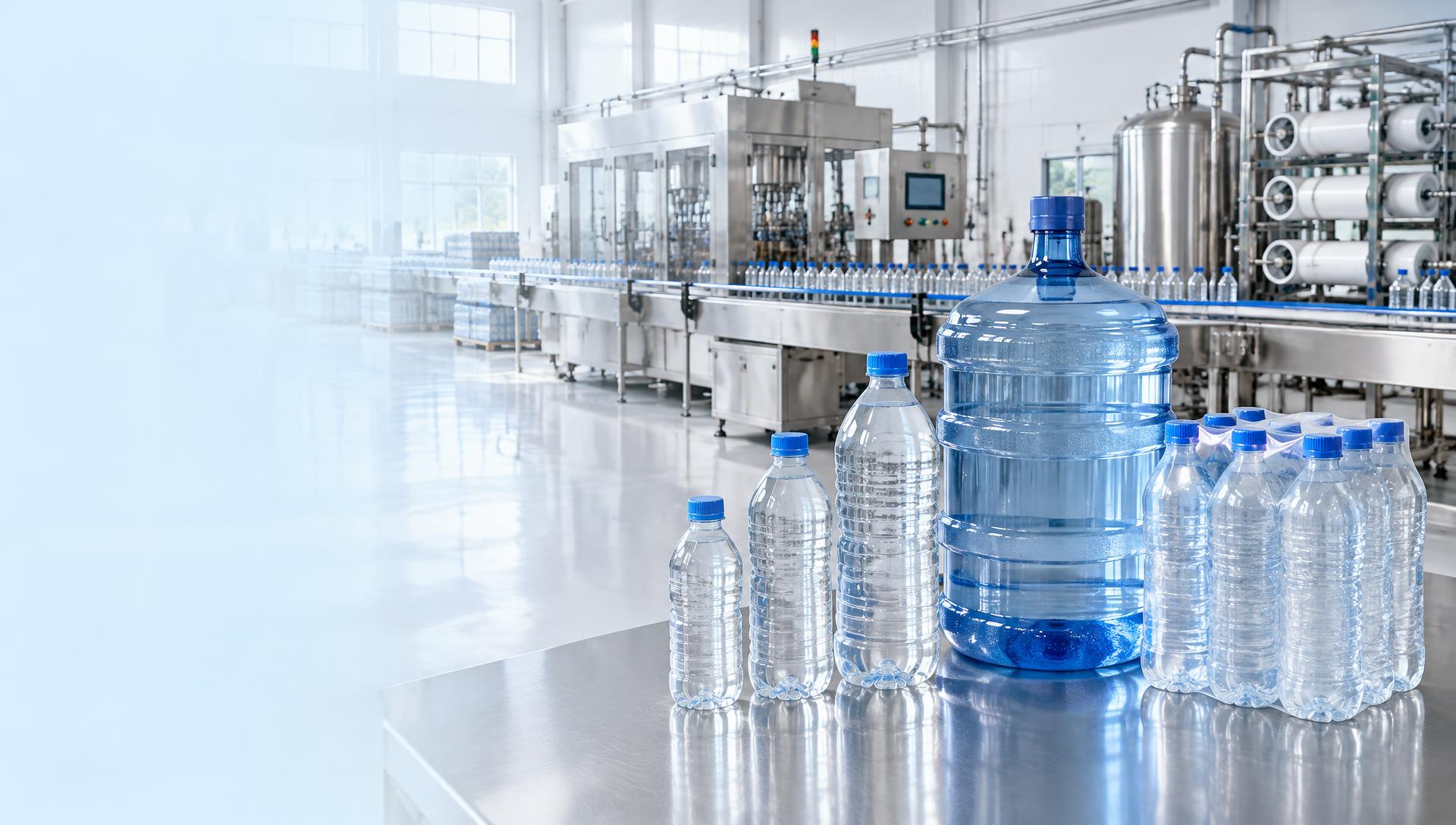 Small and large drinking water bottles, a 20-litre water jar and a shrink-wrapped multipack beside modern bottling and water treatment equipment